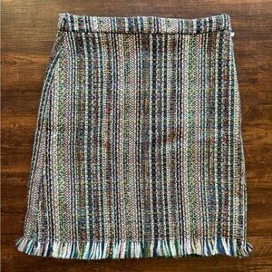 Chelsea & Theodore Multicolor Tweed Fringe-Hem Pencil Skirt